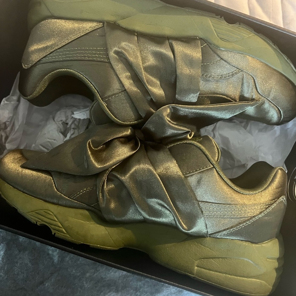 Puma by Rihanna satin bow tie green sneakers.